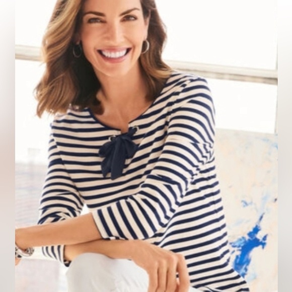 Talbots striped tie-neck knit popover tee Size Small - Picture 1 of 7